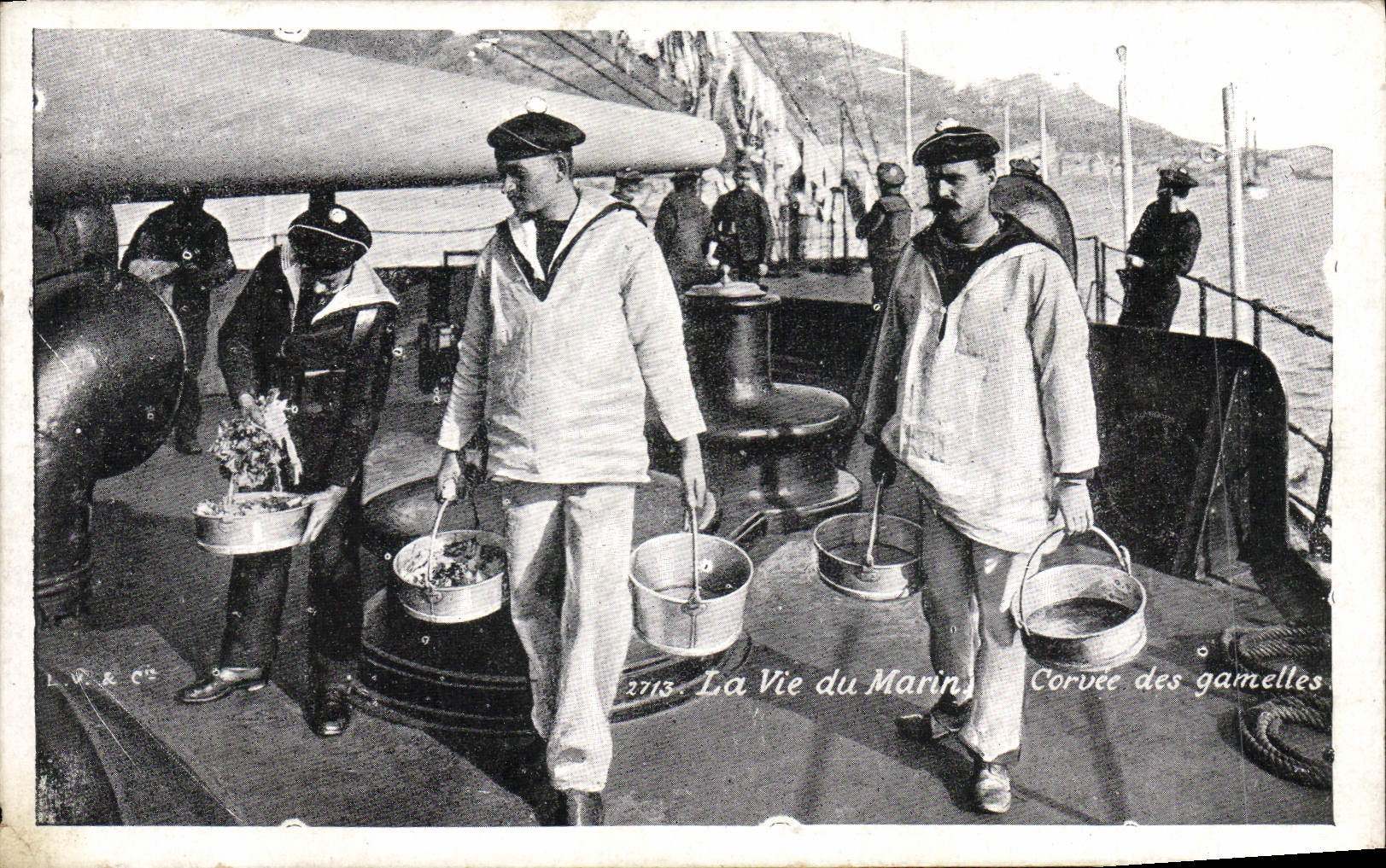 VINTAGE POSTCARD Boat life of the sailor Drudgery of the mess tins