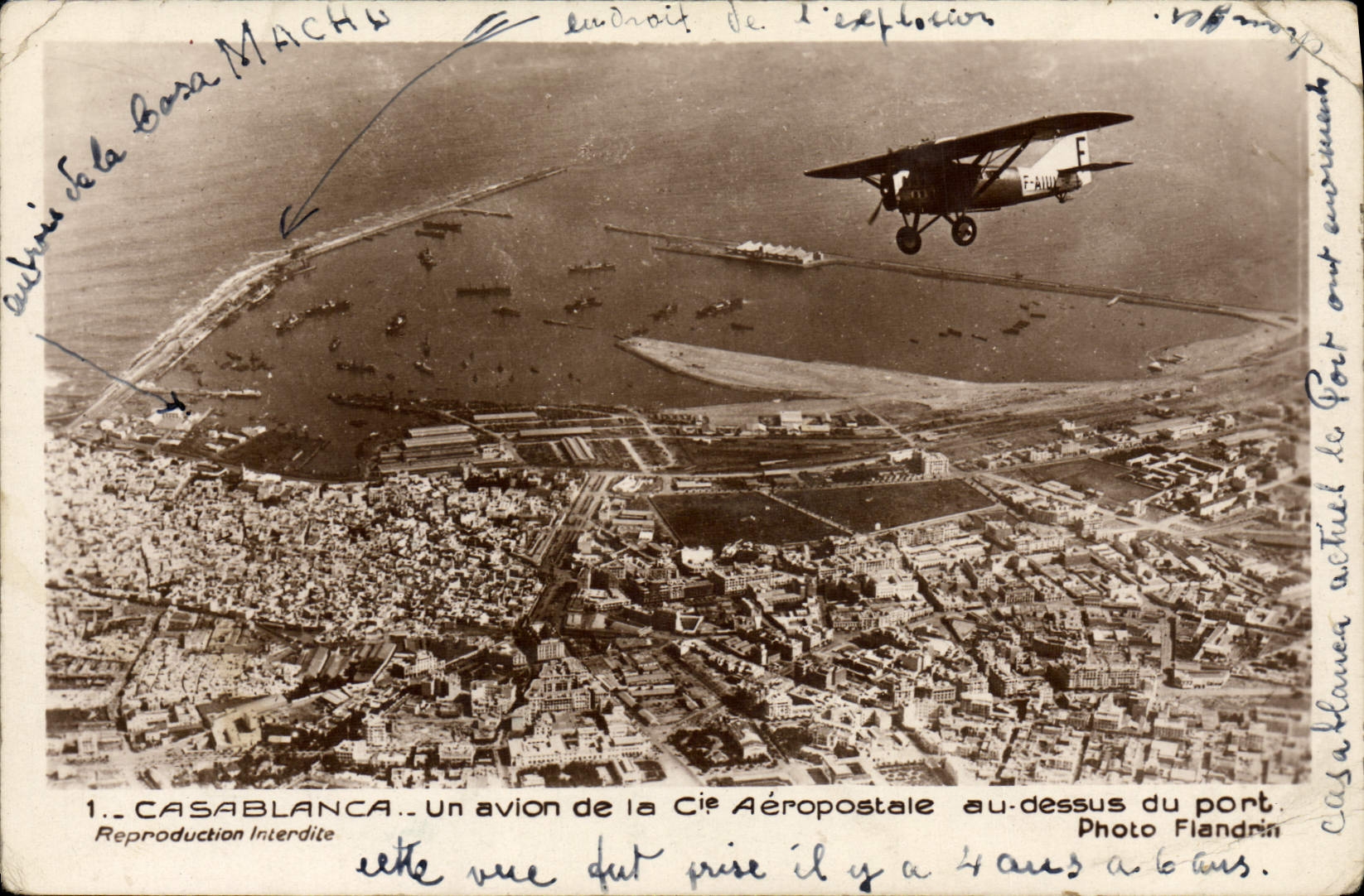 Aviación Marruecos Casablanca del plano de la POSTAL de la VENDIMIA un plano del correo aéreo Co a la tapa del puerto
