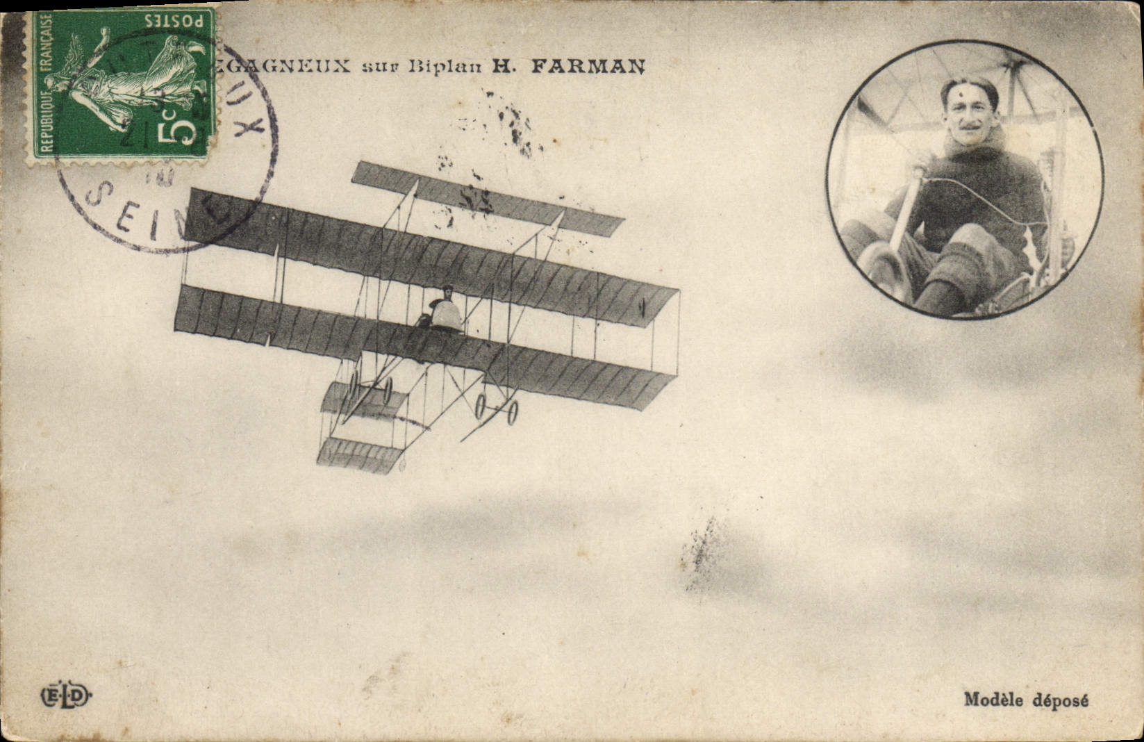 CPA Avion Aviation Legagneux sur biplan H Farman