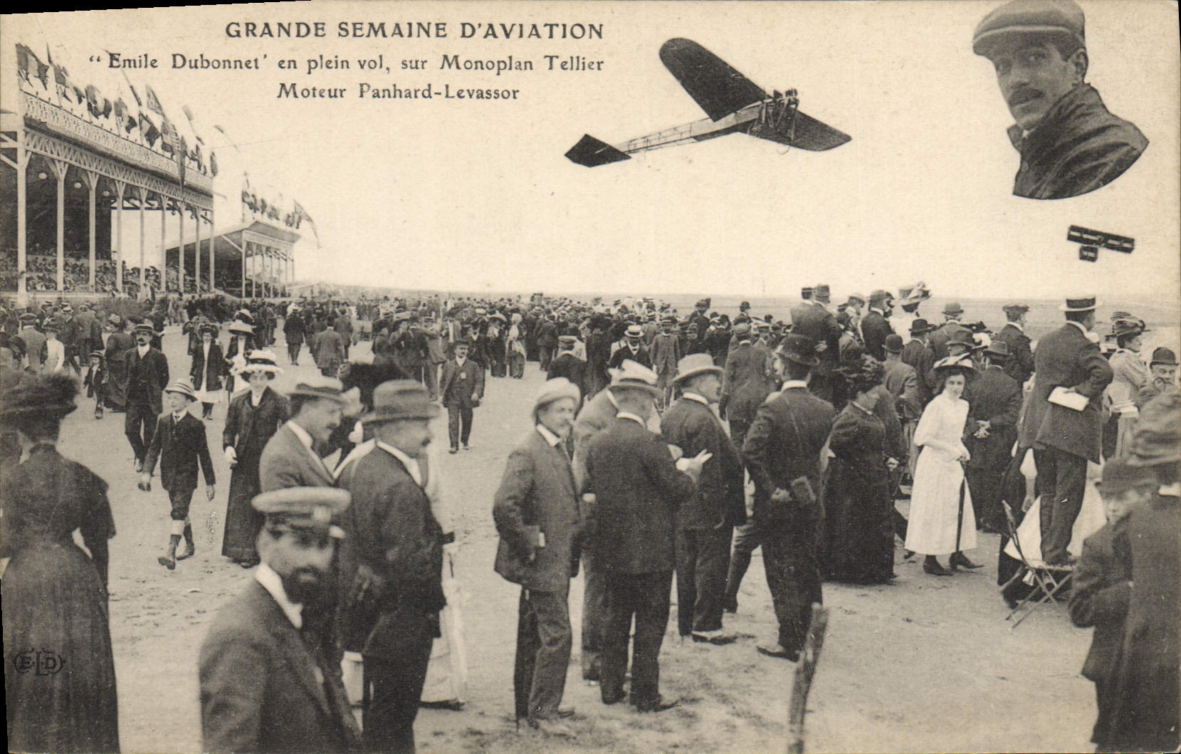VINTAGE POSTCARD Plane Aviation Great week of aviation Emile Dubonnet in full flight on monoplane Driving Tellier Panhard Levassor