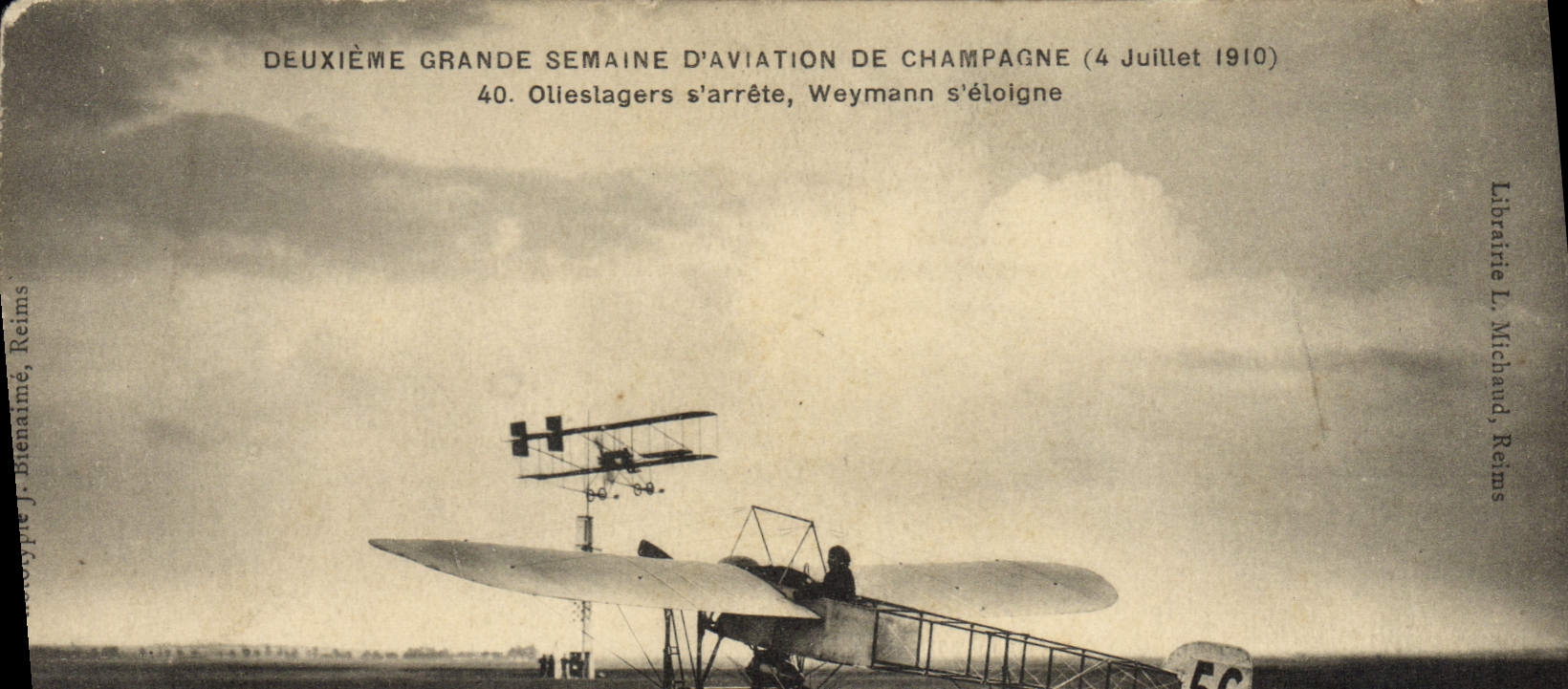 VINTAGE POSTCARD Plane Aviation Second Great week of Champagne aviation Olieslagers July 1910 stopped distant Weymann