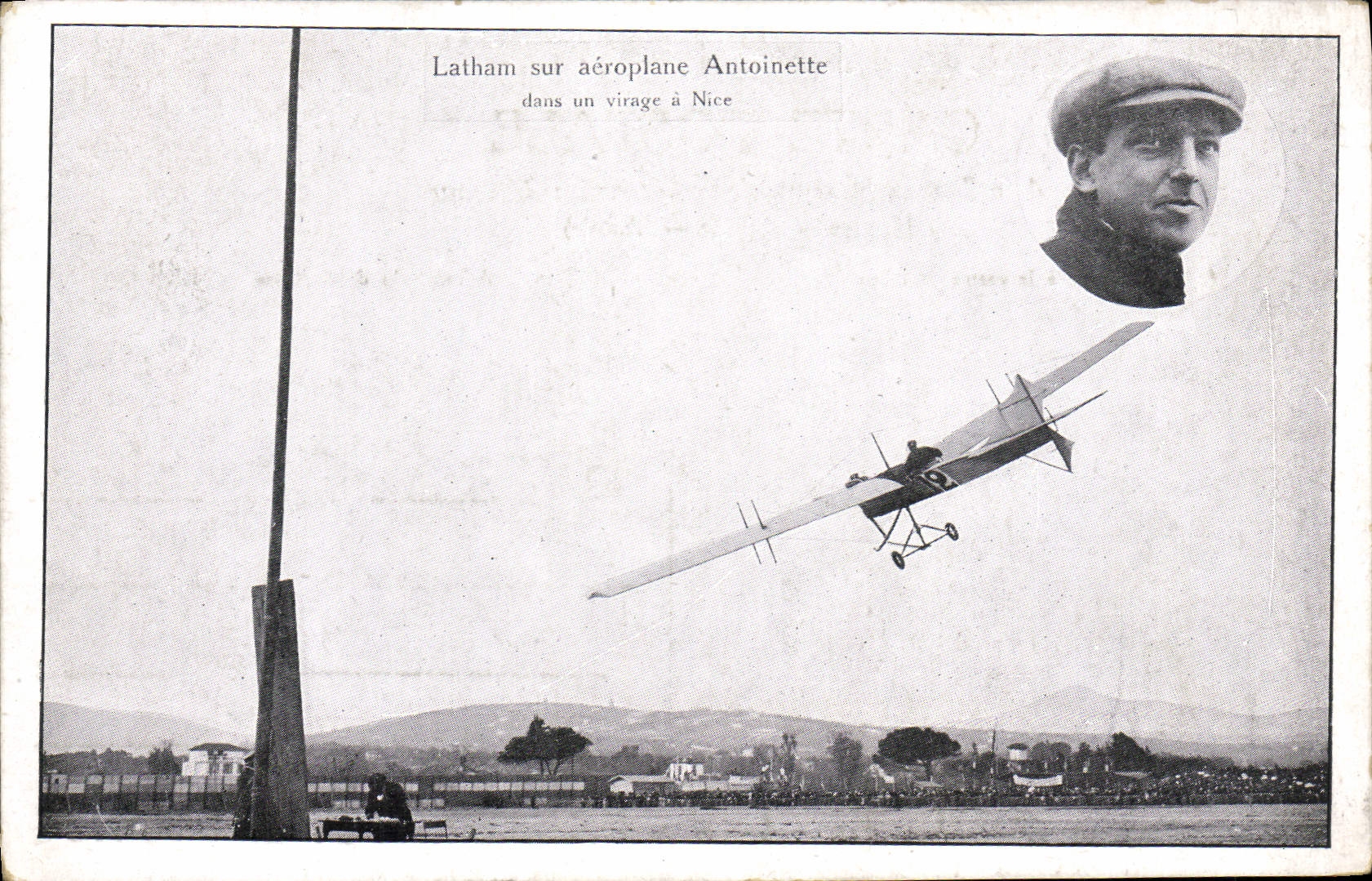 VINTAGE POSTCARD Avion Latham Aviation on Antoinette airplane in a turn has Nice Maison Dony Grenoble