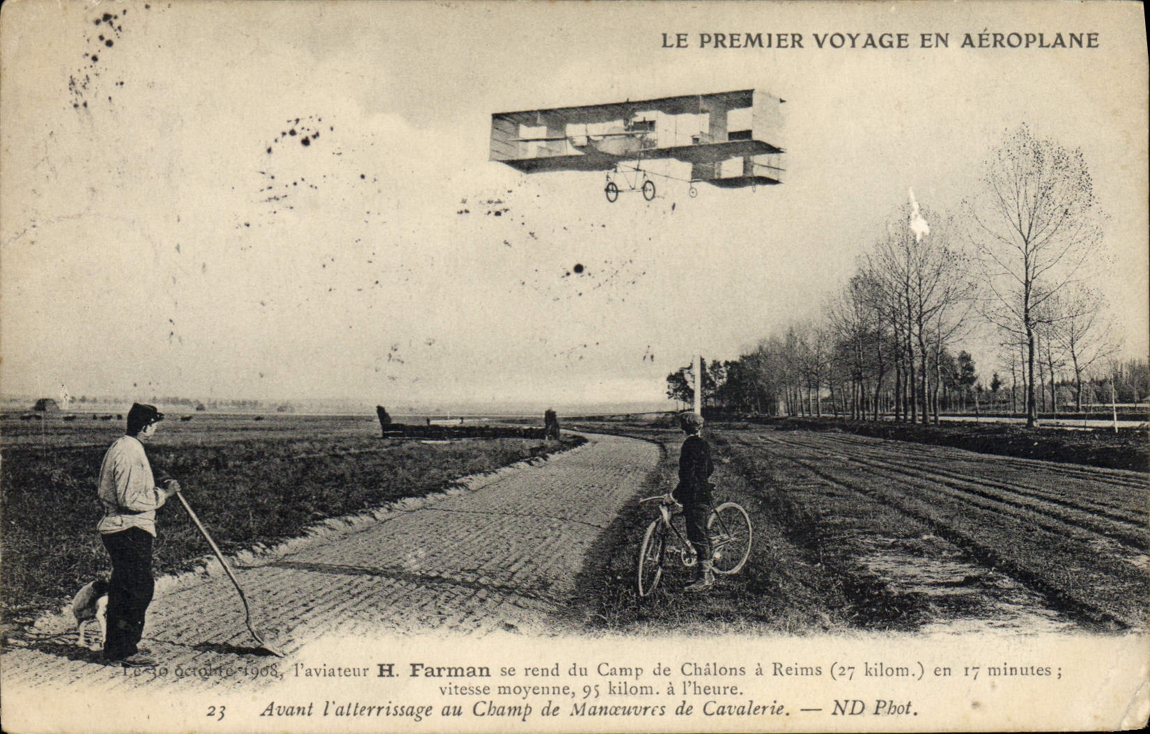 CPA Avion Aviation Premier voyage en aeroplane Aviateur Farman se rend au camp de Chalons a Reims
