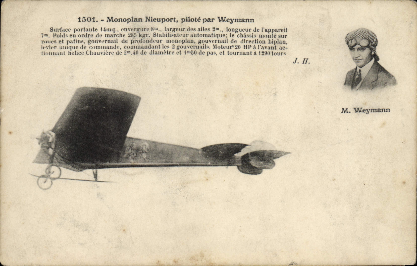 VINTAGE POSTCARD Avion Aviation Nieuport Monoplane controls by Weymann