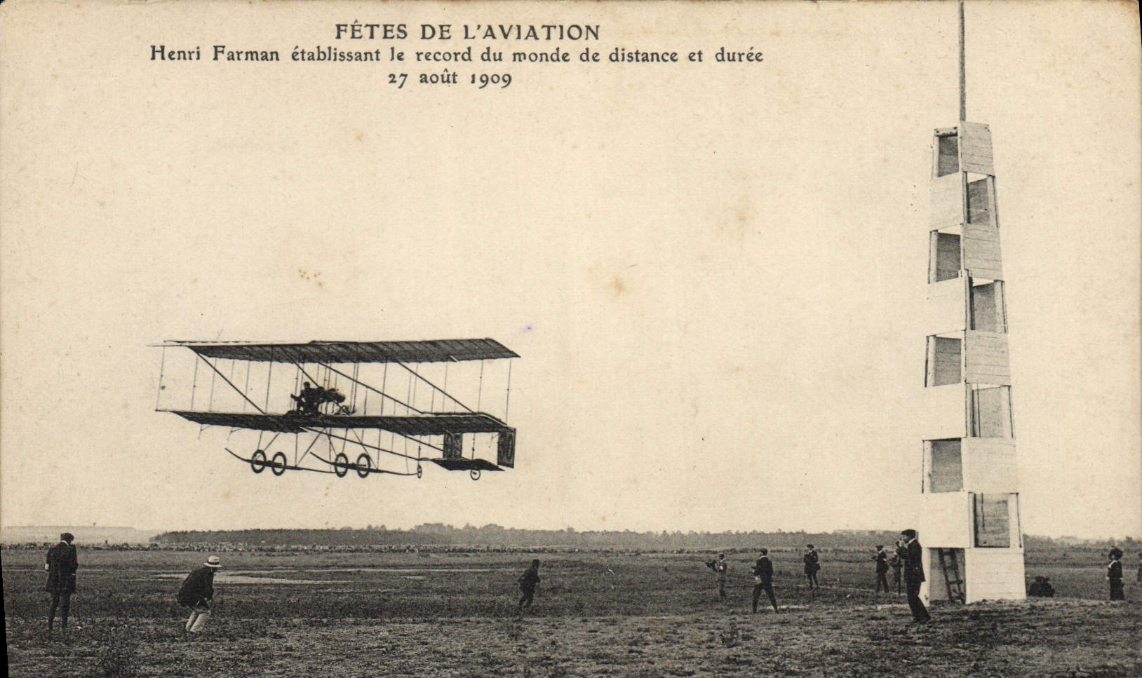 Demostraciones de aire de la aviación del plano de la POSTAL de la VENDIMIA Enrique Farman que establece los récores mundiales