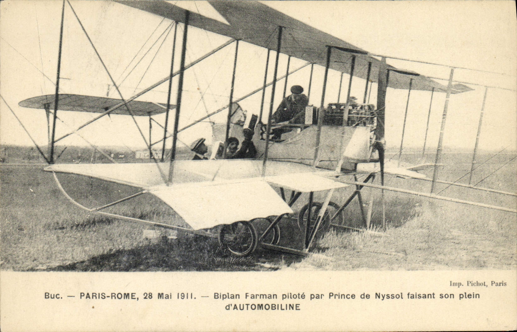 VINTAGE POSTCARD Avion Aviation Paris Rome May 28th, 1911 Biplan Farman controls by Prince de Nyssol making full sound of Automobiline