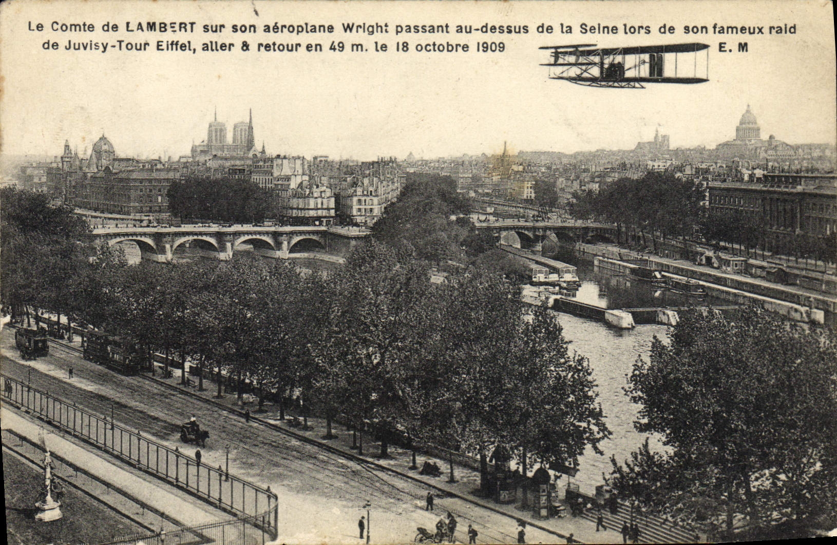VINTAGE POSTCARD Plane Aviation the count of Lambert on his Wright airplane passing to the top of the Seine Raid Juvisy Eiffel Tower