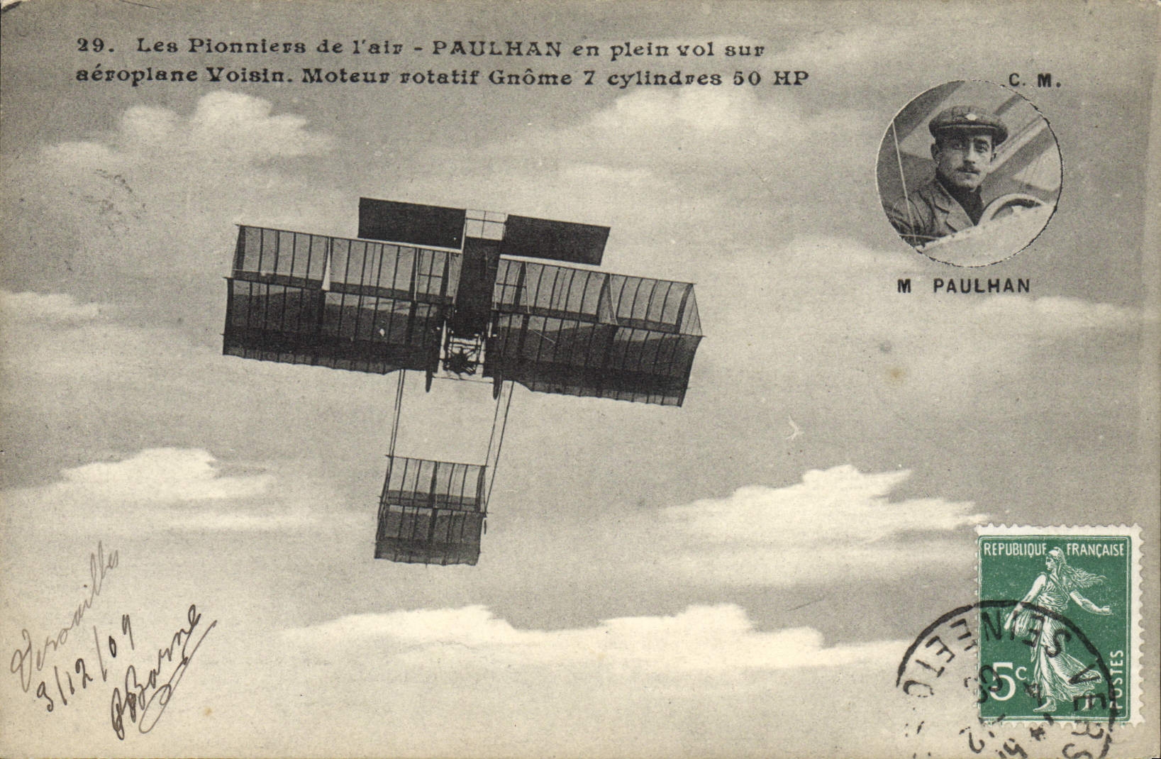 VINTAGE POSTCARD Plane Paulhan Aviation in full flight on Close airplane