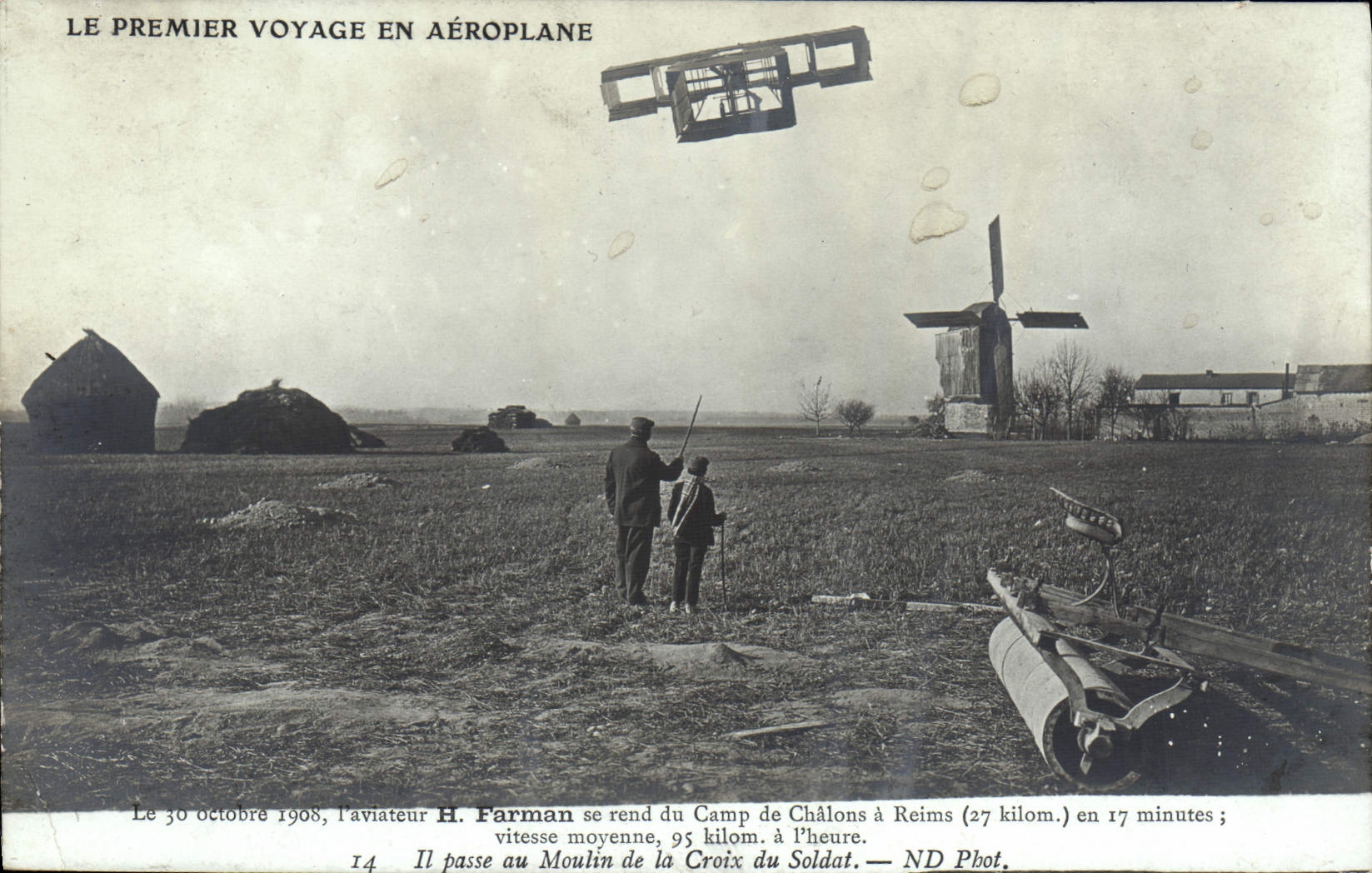 CPA Avion Aviation Premier voyage en aeroplane Aviateur Farman se rend au camp de Chalons a Reims Moulin Croix au soldat