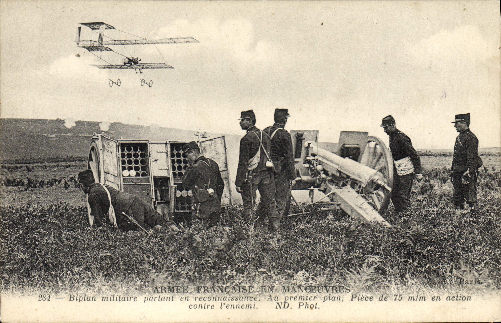 VINTAGE POSTCARD Plane Aviation French Army in operations military Biplane leaving in recognition
