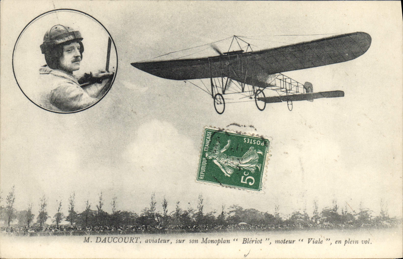 CPA Avion Aviation Daucourt aviateur sur son monoplan Bleriot moteur Viale en plein vol