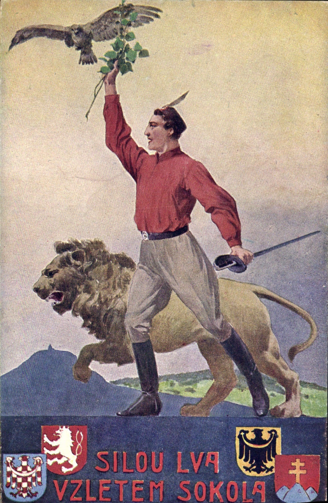 VINTAGE POSTCARD Illustrator Silou Lva Vzeletem Sokola Lion Eagle