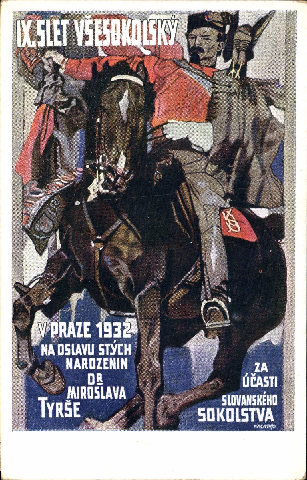 VINTAGE POSTCARD Illustrator Dopisnice Praha Prague 1932 Tchequie Rider