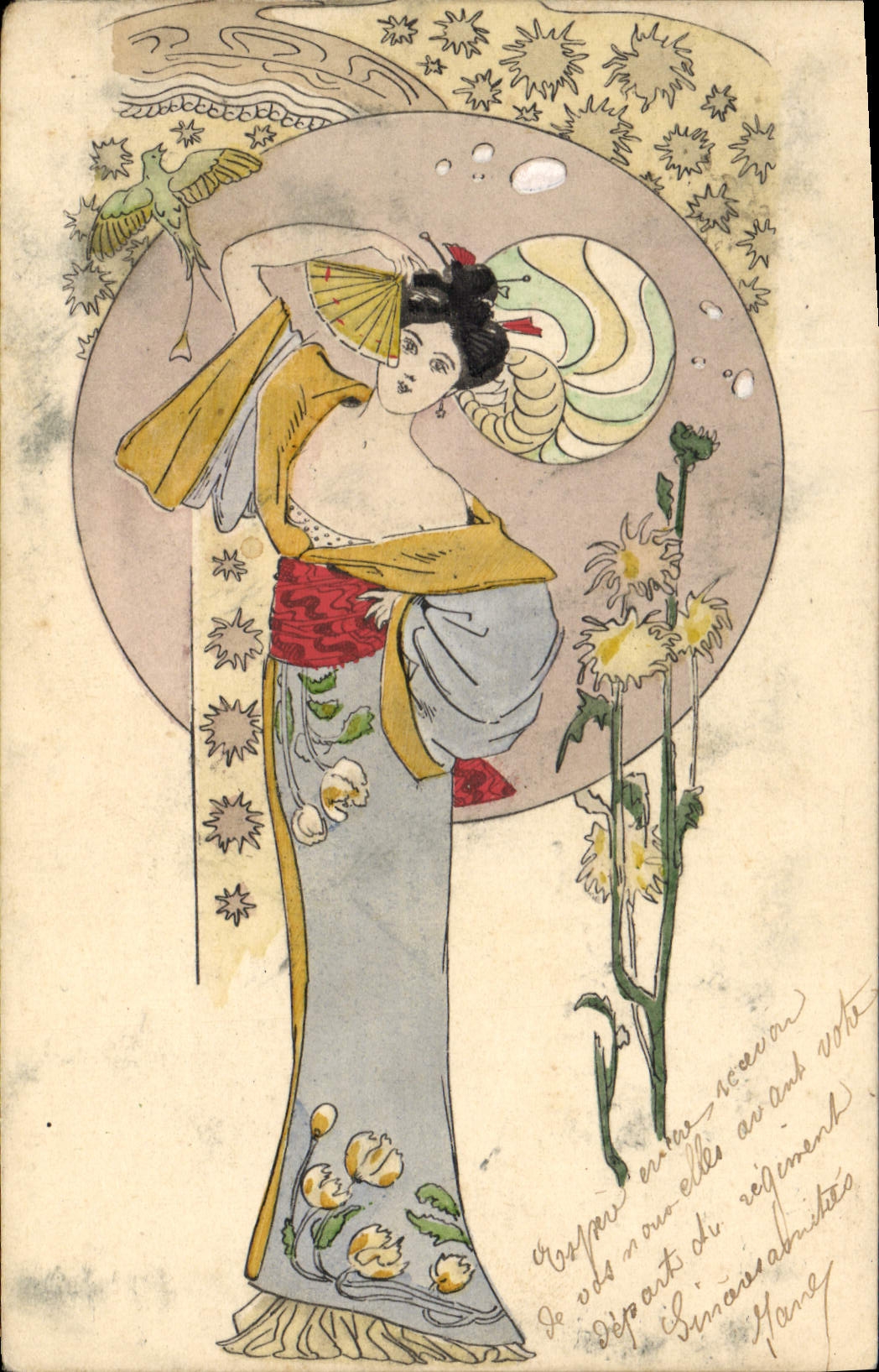 CPA Illustrateur sujet japonisant Femme Eventail