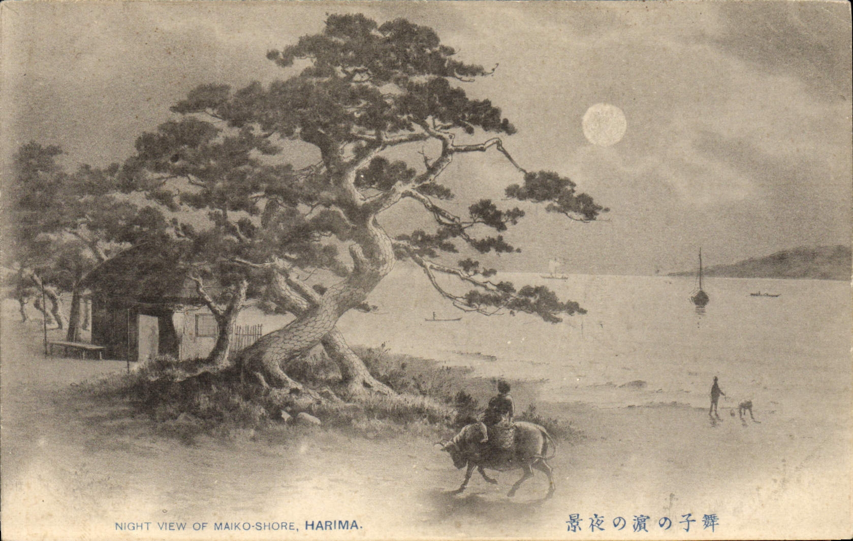 VINTAGE POSTCARD Japanese Japan Night view off Maiko Shore Harima