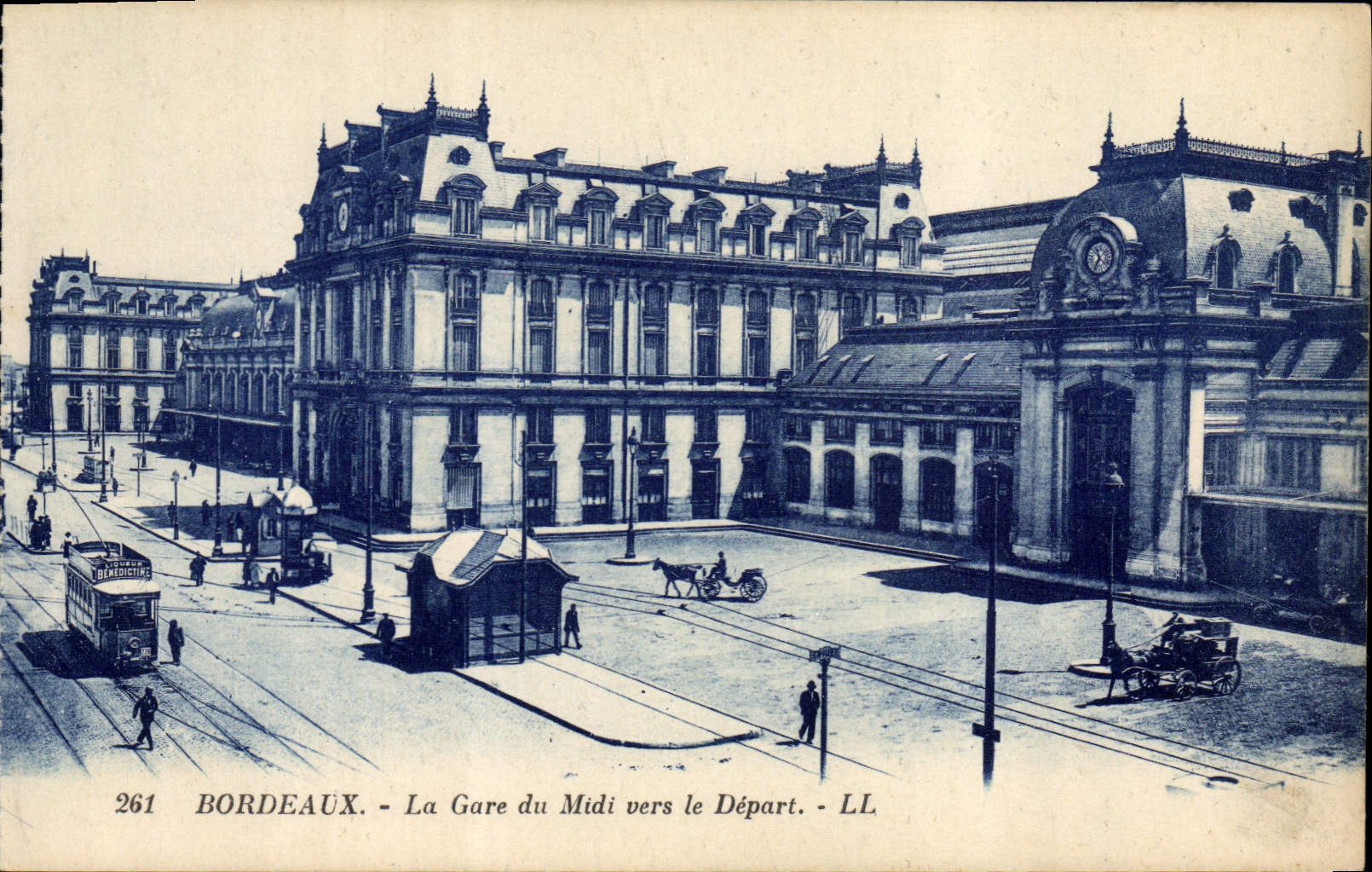 Estación de tren de Burdeos de la POSTAL de la VENDIMIA del sur hacia la salida
