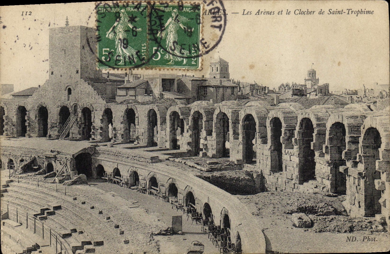 VINTAGE POSTCARD Arles the arena and the bell-tower of TRophime Saint
