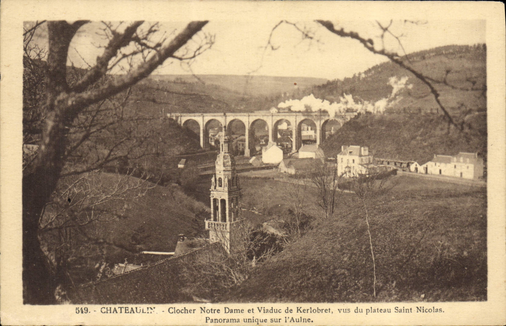 VINTAGE POSTCARD Chateaulin Notre Dame Bell-tower and Viaduc of Kerlobret seen of the plate single Saint Nicolas Panorama on the Alder