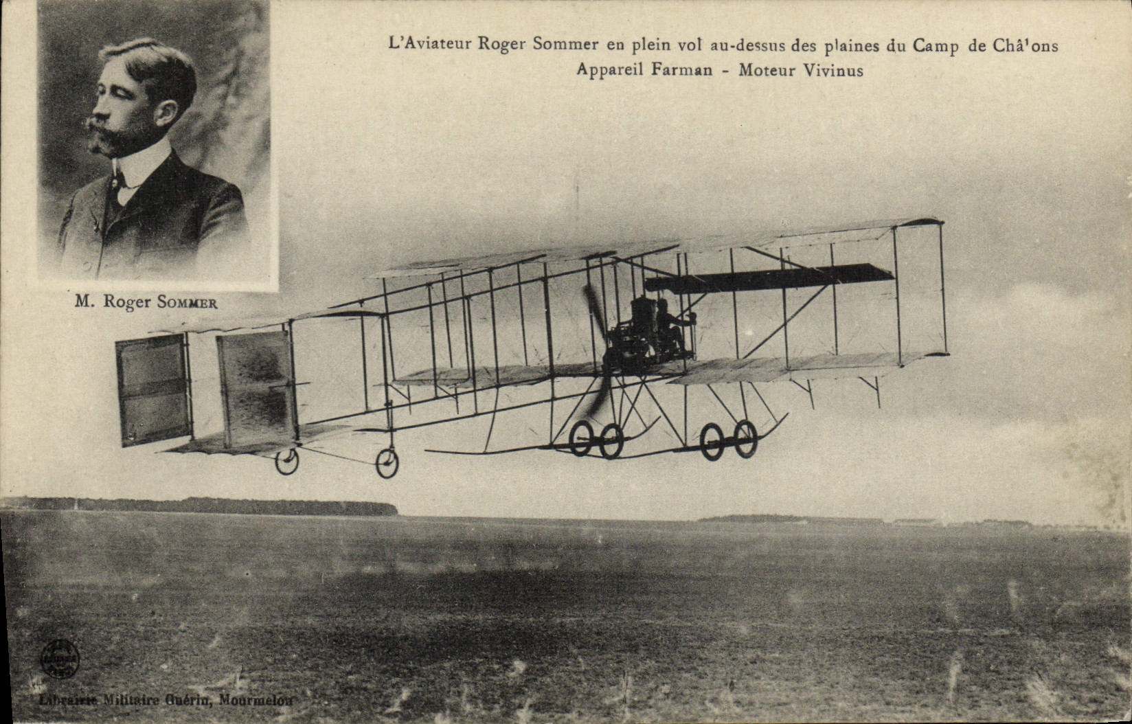 VINTAGE POSTCARD Plane Aviation the Roger aviator To summon in full flight with the top of the plains of the Camp of Trawl-nets Apparatus Farman Vivinus