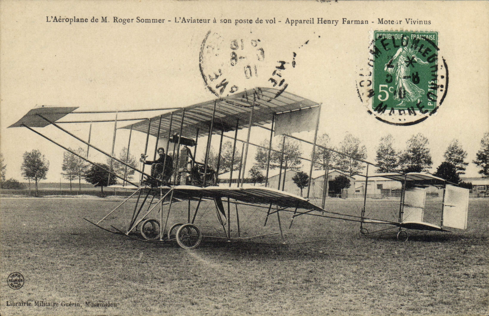 VINTAGE POSTCARD Avion Aviation the airplane Roger Sommer the aviator has his station of flight Appareil Henry Farman Moteur Vivinus