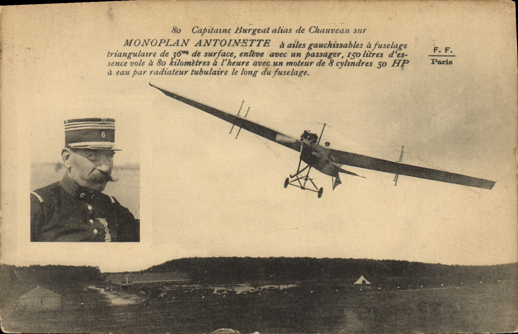 CPA Avion Aviation Capitaine Burgeat alias de Chauveau sur monoplan Antoinette