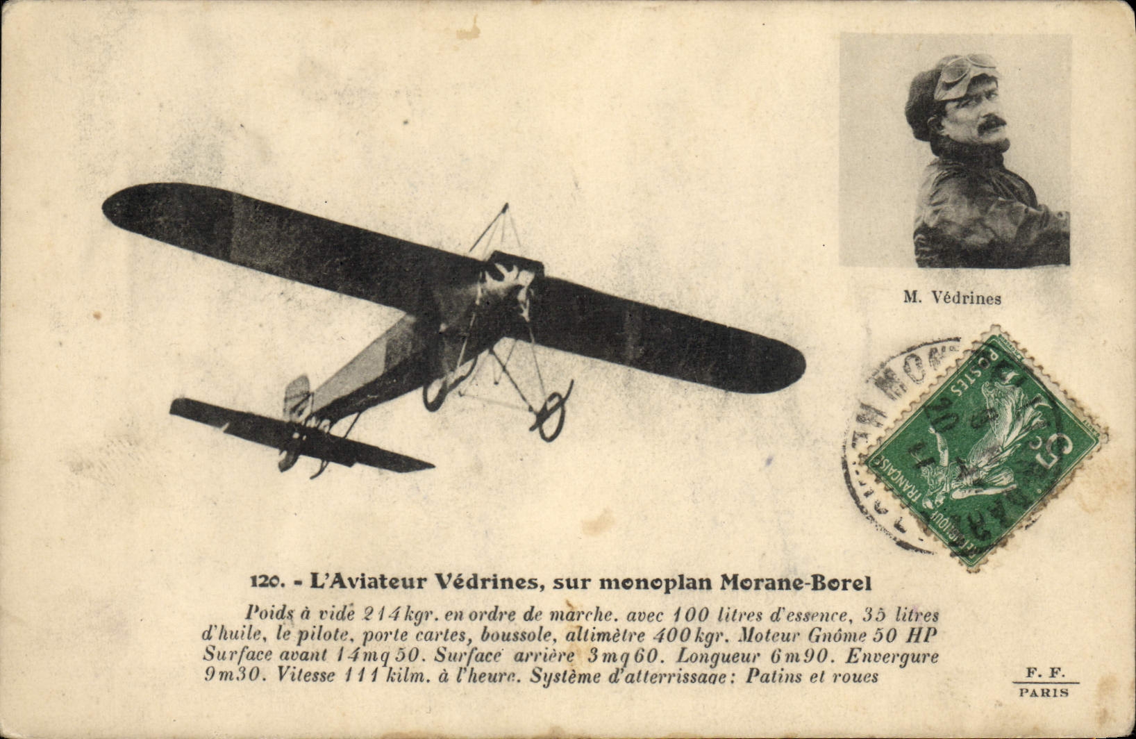 Aviación del plano de la POSTAL de la VENDIMIA el aviador de Vedrines en el monoplano Morane Borel