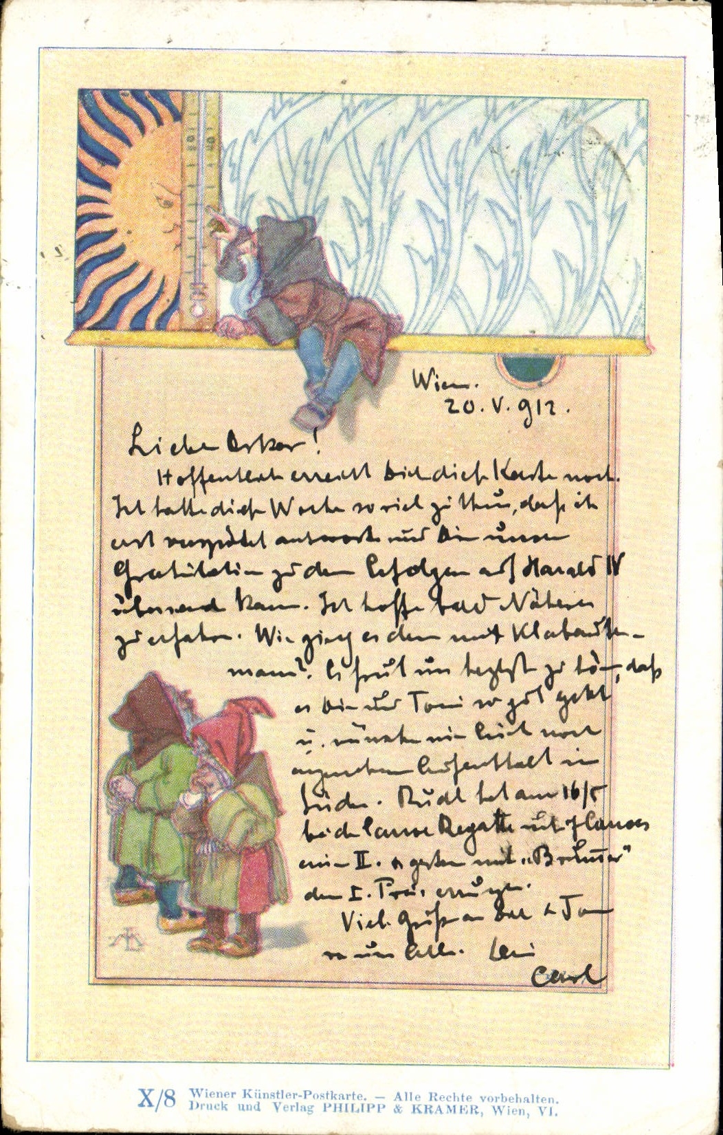 VINTAGE POSTCARD Fantasy Illustrator Thermometer Dwarves Imps