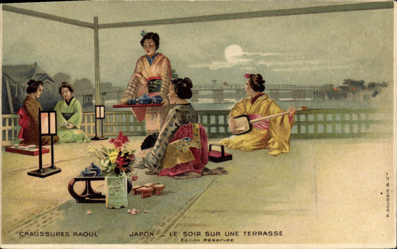 VINTAGE POSTCARD Japanese Japan the evening on a terrace Shoes Raoul Folklore