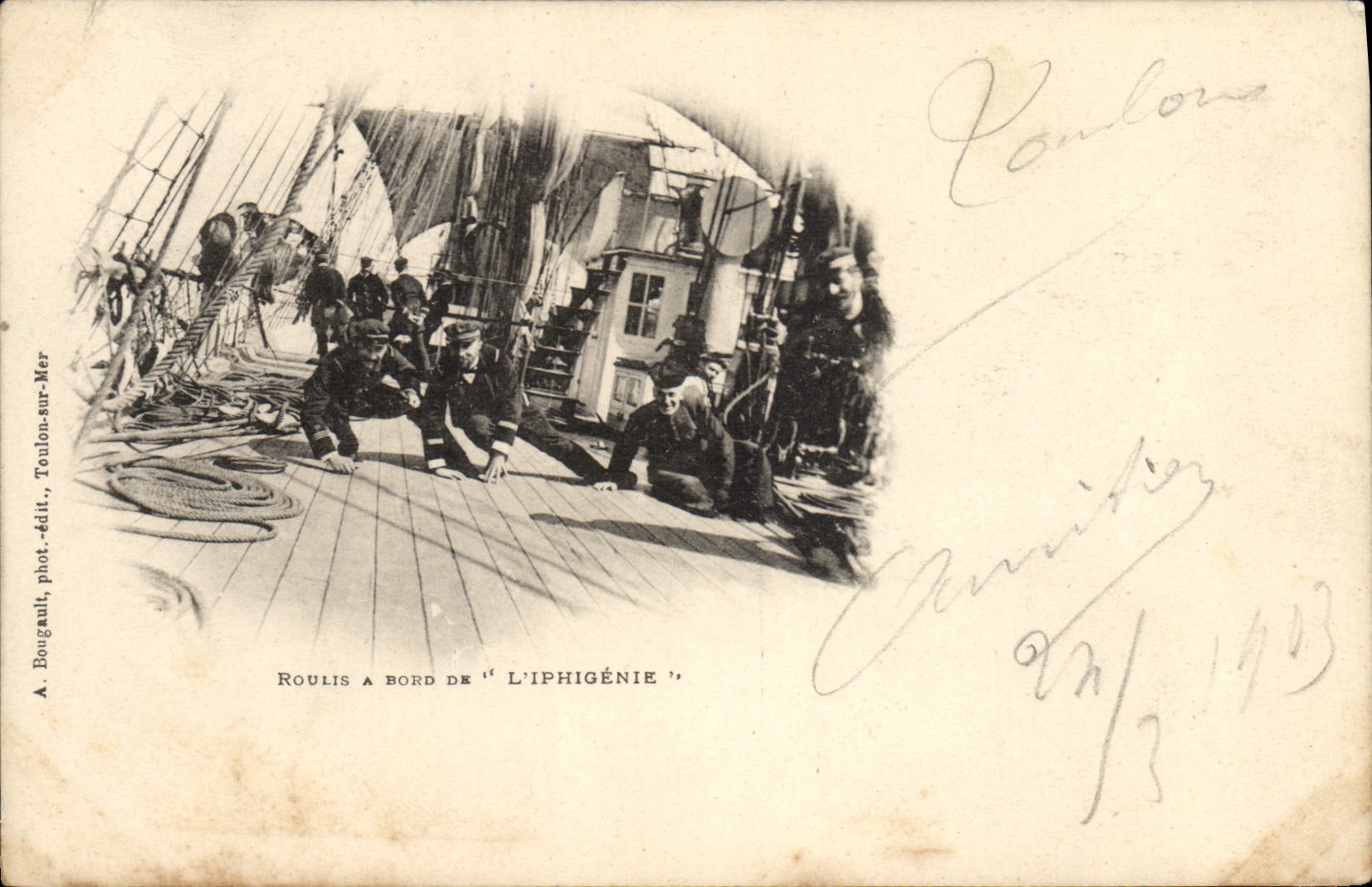 VINTAGE POSTCARD Bateau Rolling has edge of Iphigenie