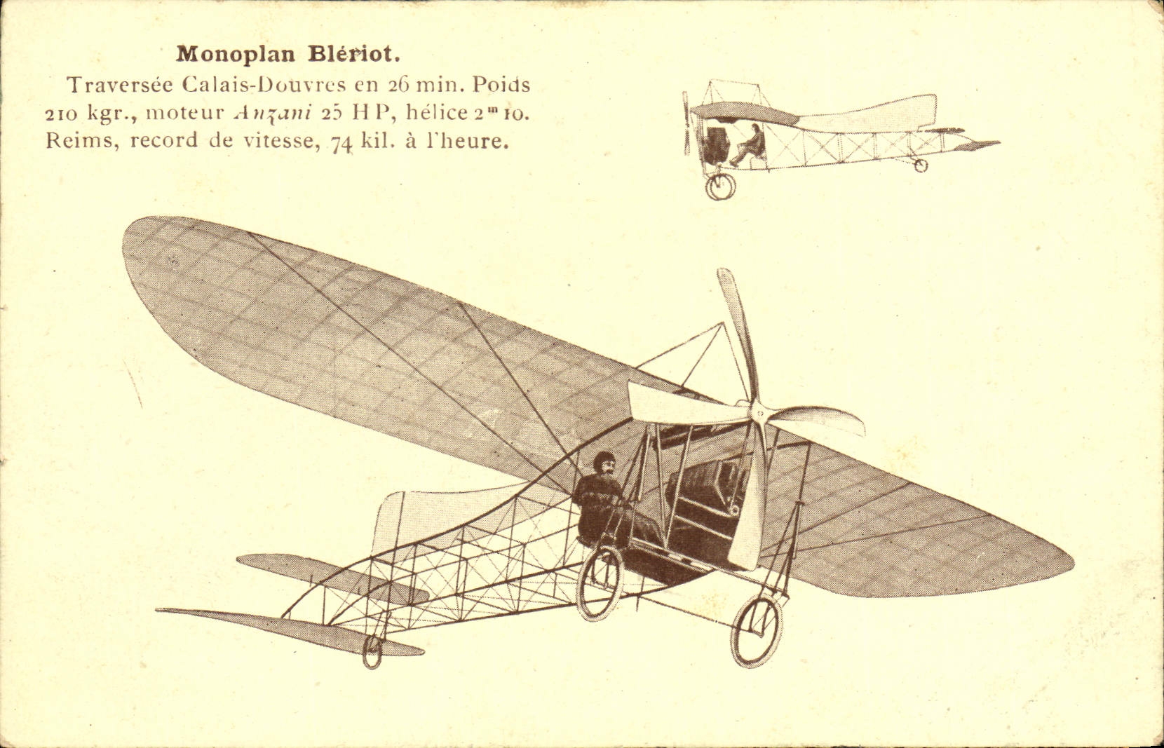 VINTAGE POSTCARD Plane Aviation Monoplane Bleriot Crossed Calais Dover into 26 mn