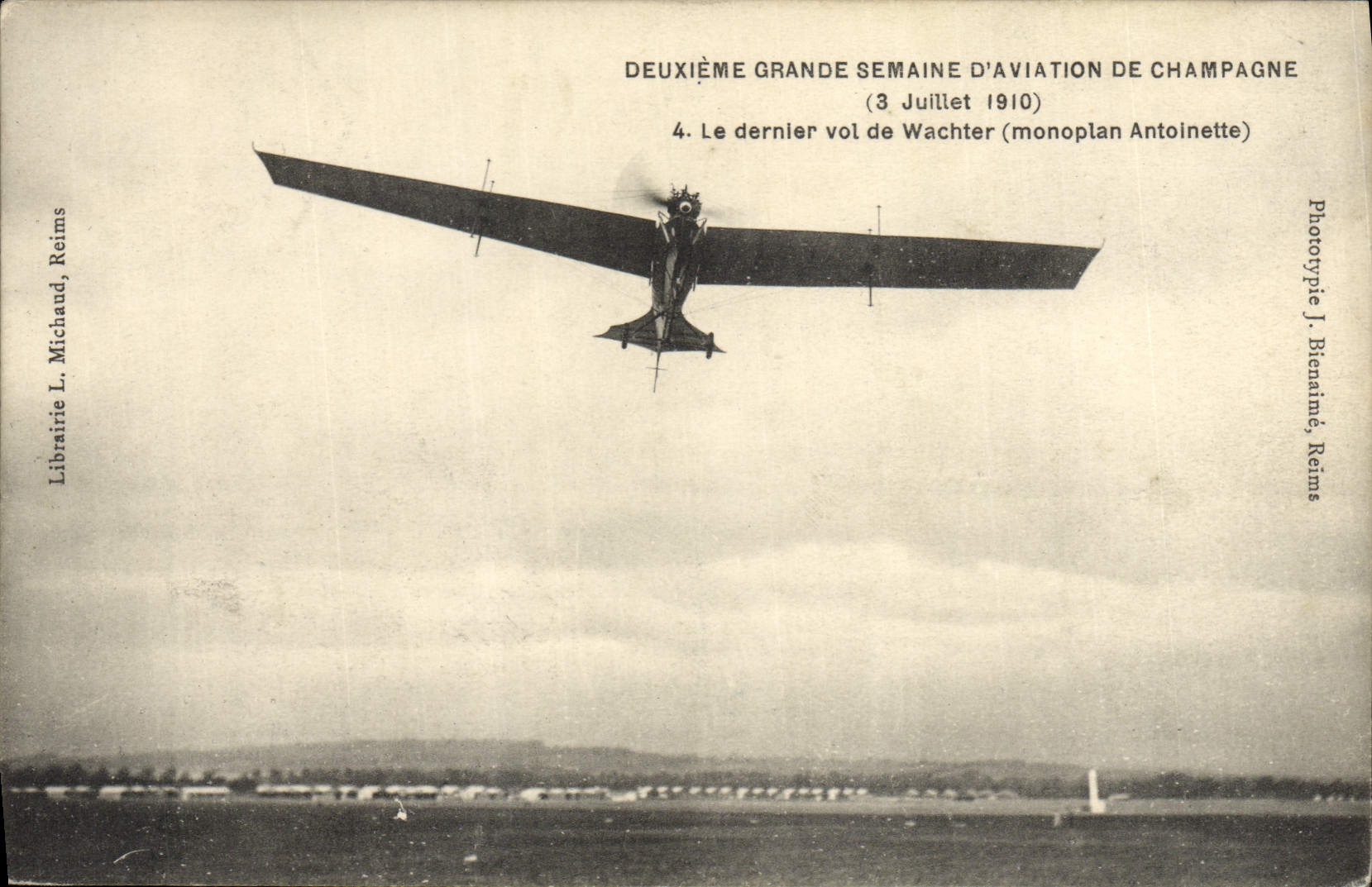VINTAGE POSTCARD Plane Aviation Second great week of Champagne aviation last flight of Wachter Monoplane Antoinette