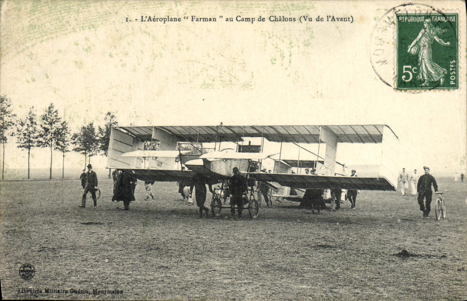 VINTAGE POSTCARD Plane Aviation the Farman airplane with the camp of the castle Seen of the front one