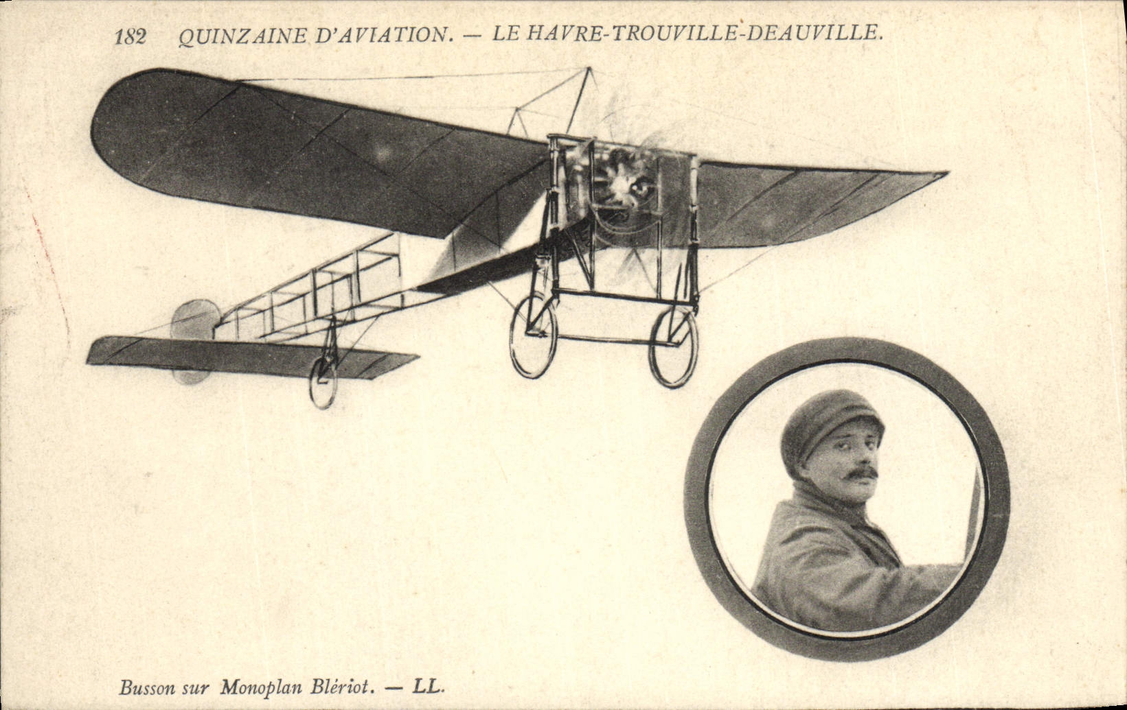 CPA Avion Aviation Busson sur monoplan Bleriot Quinzaine d'aviation Le Havre Trouville Deauville