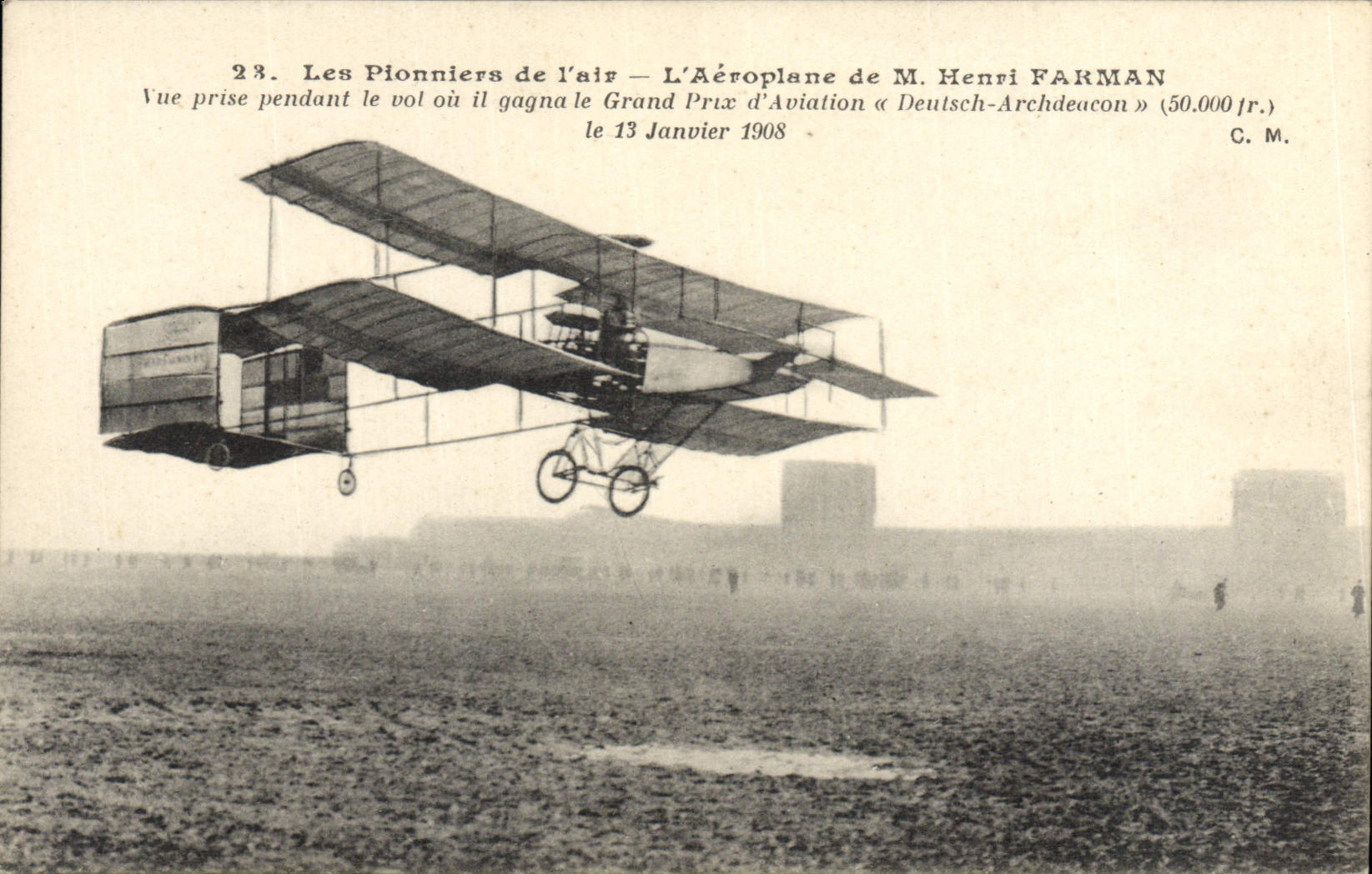 VINTAGE POSTCARD Plane Aviation Airplane of Mr. Herni Farman Seen from during the flight or it gained the Grand Prix of Deutsch aviation