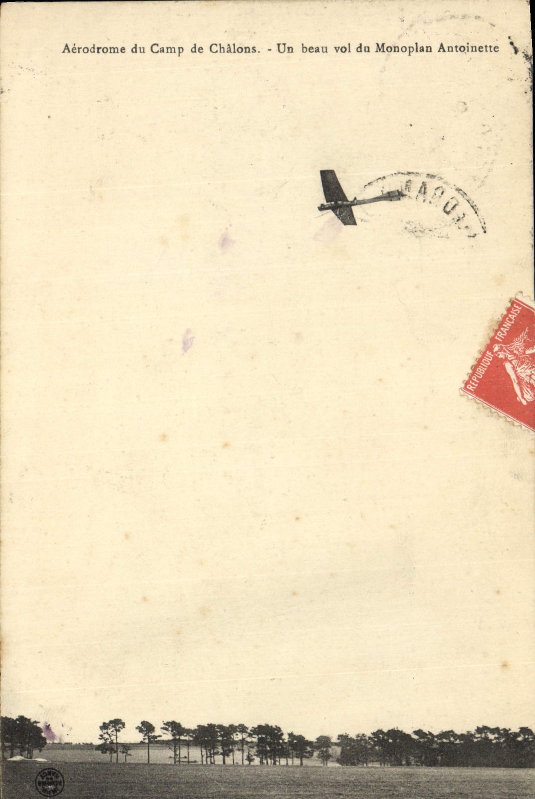 VINTAGE POSTCARD Plane Aviation Aerodrome of the camp of Trawl-nets a beautiful flight of the monoplane Antoinette