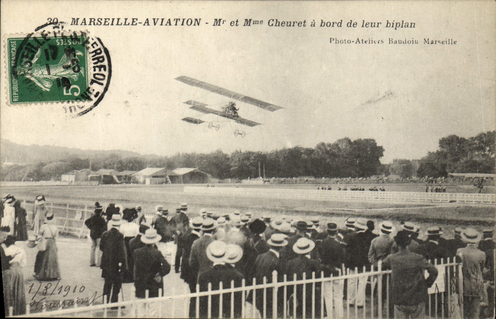 VINTAGE POSTCARD Plane Aviation Marseilles Aviation Mr. and Mrs. Cheuret has edge of their biplane