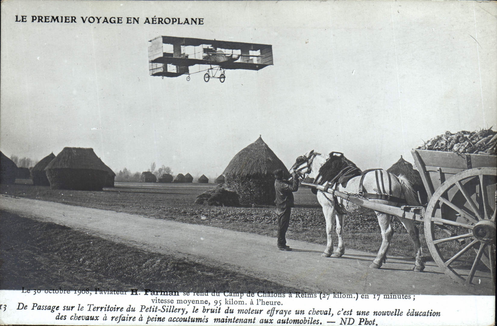 CPA Avion Aviation Farman se rend du camp de Chalons a Reims Territoire du Petit Sillery Cheval Attelage 