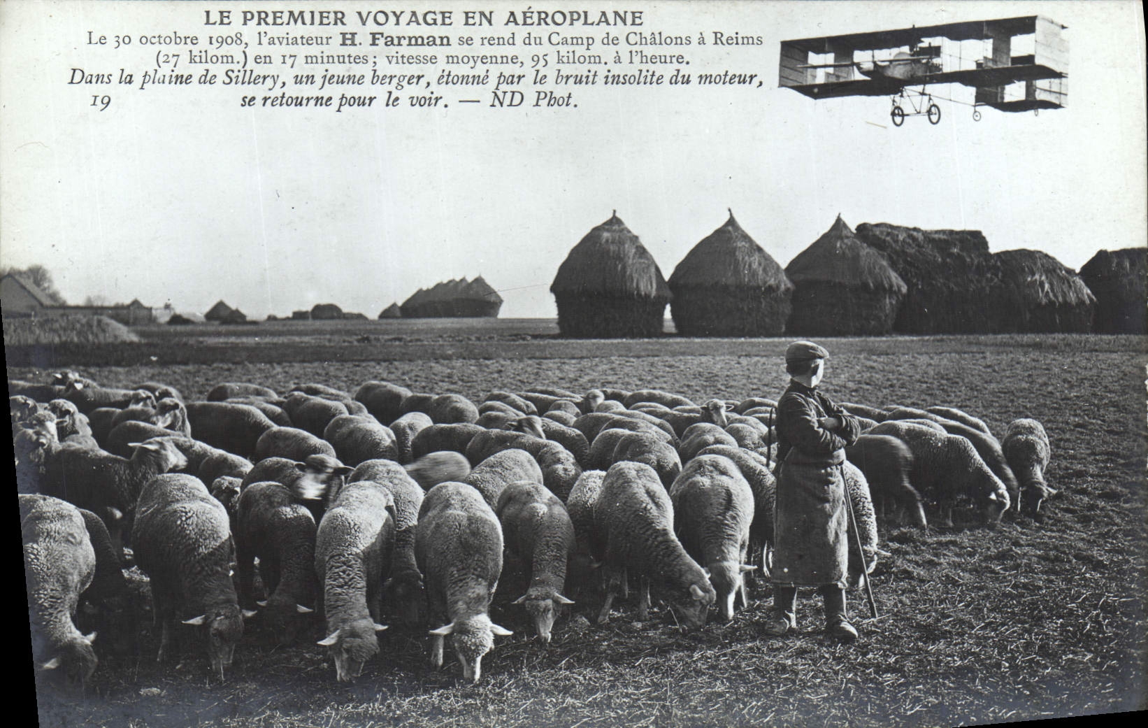 CPA Avion Aviation Premier voyage en aeroplane Farman se rend du camp de Chalons a Reims Moutons