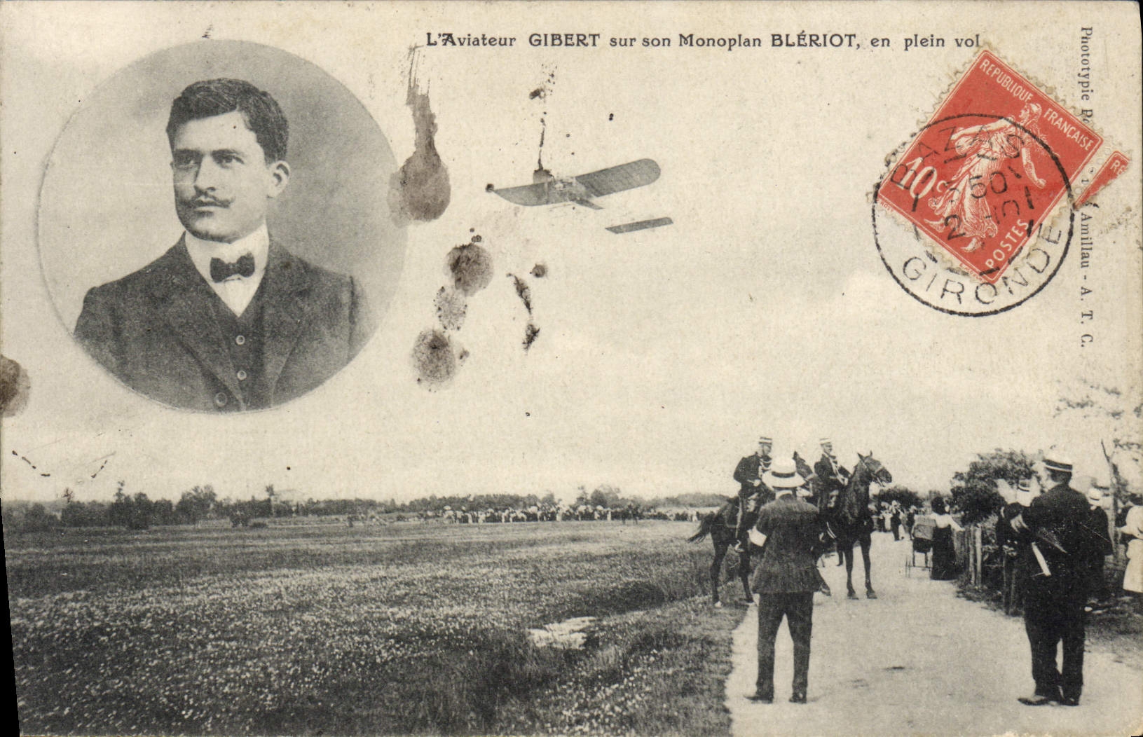 VINTAGE POSTCARD Plane Aviation the Gibert aviator on his Bleriot monoplane in full flight