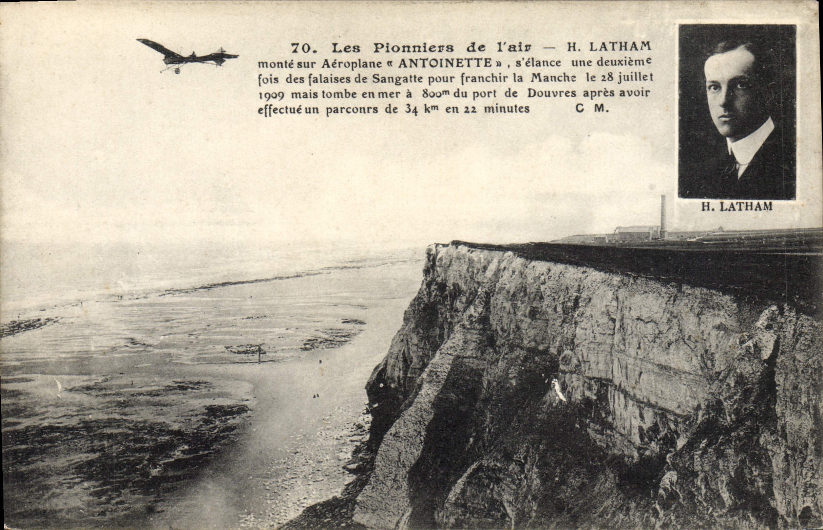 VINTAGE POSTCARD Avion Latham Aviation goes up on Antoinette airplane
