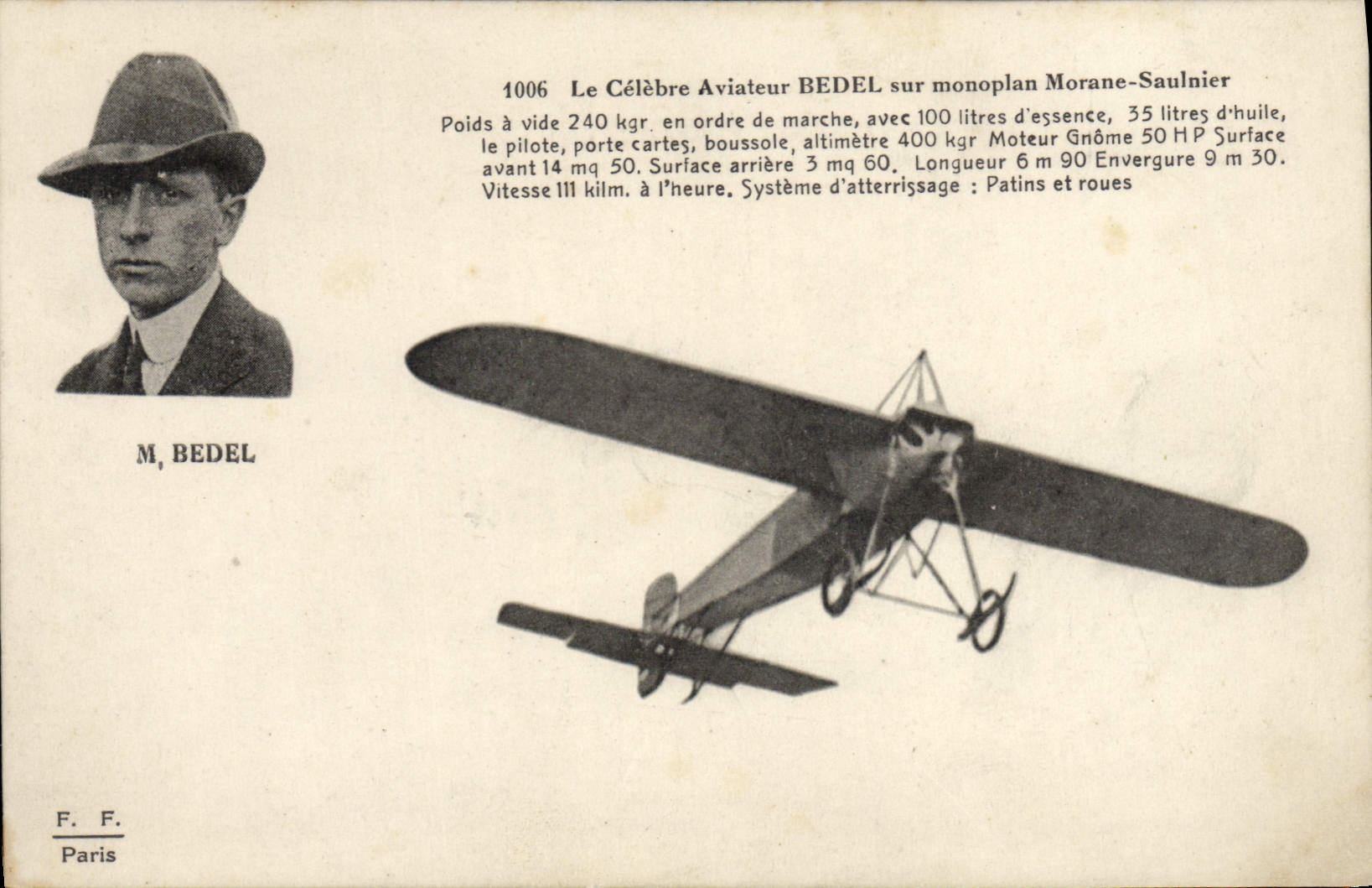 La aviación de Avion de la POSTAL de la VENDIMIA lo celebra aviador de Bedel en el monoplano Morane Saulnier