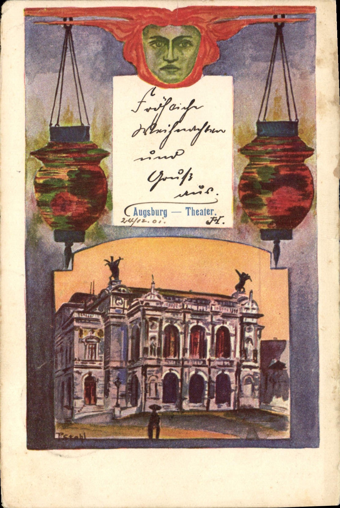VINTAGE POSTCARD Illustrator Augsburg Theater