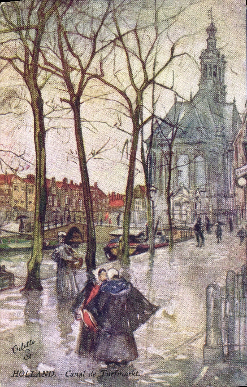 VINTAGE POSTCARD Illustrator Canal of Turfmarkt La Hague