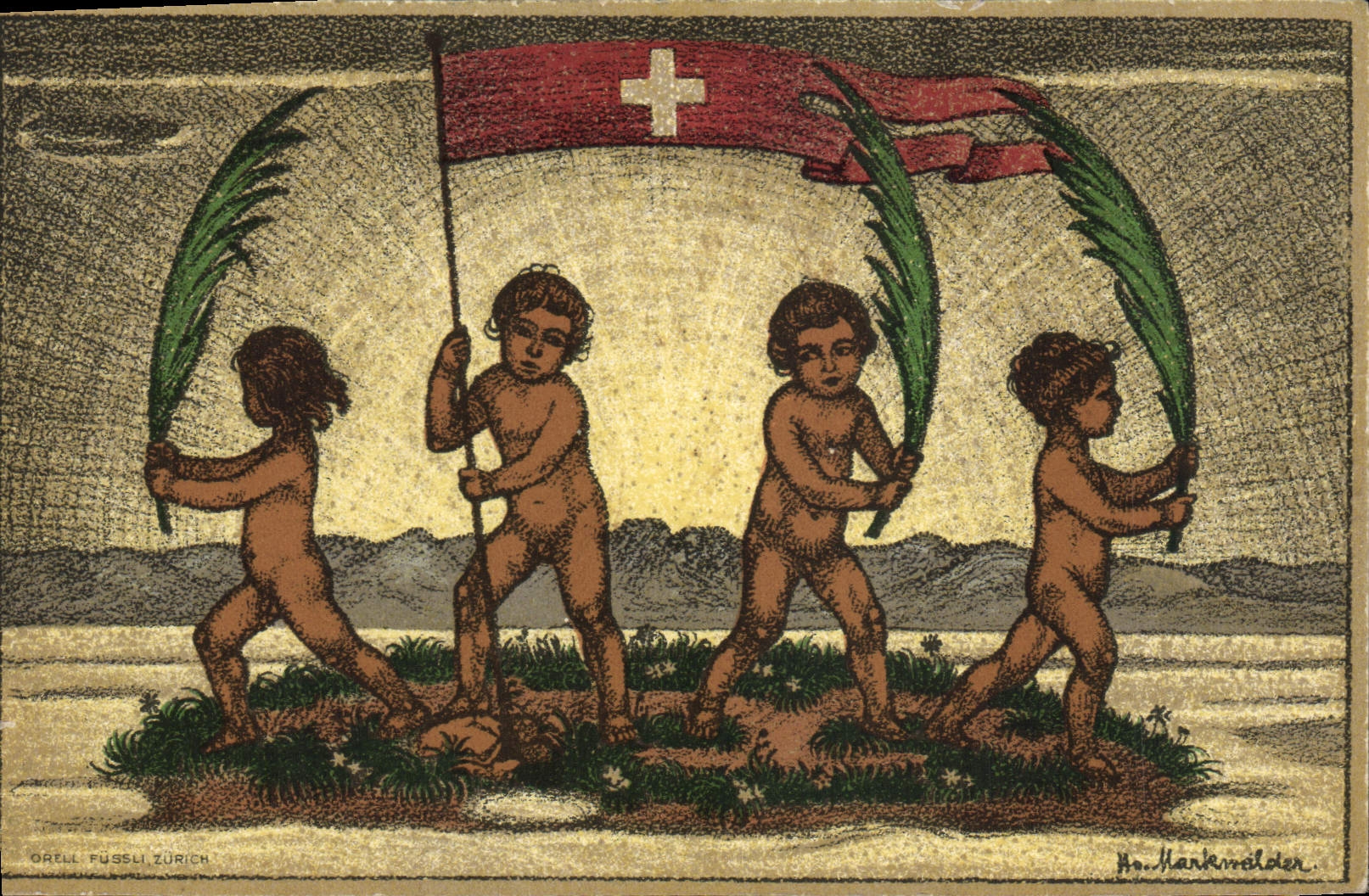 VINTAGE POSTCARD Illustrator Chart of the Swiss National Festival Children