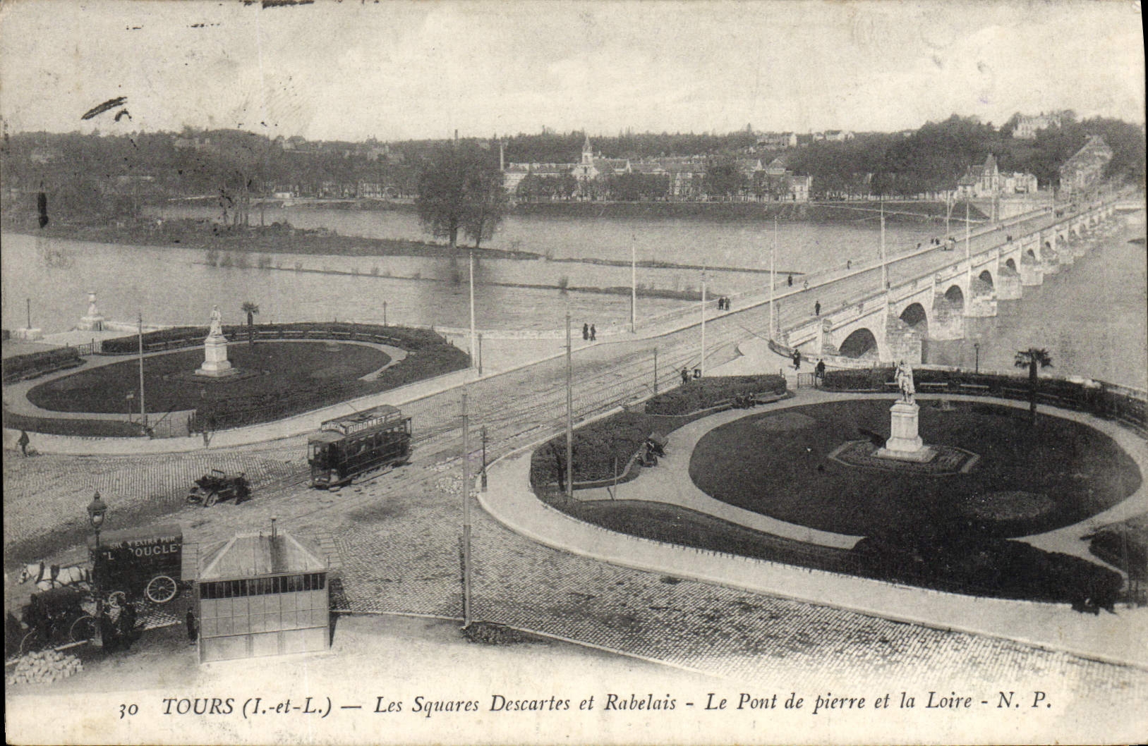 VINTAGE POSTCARD Tours the Public gardens Descartes and Rabelais the bridge of the stone and the Loire