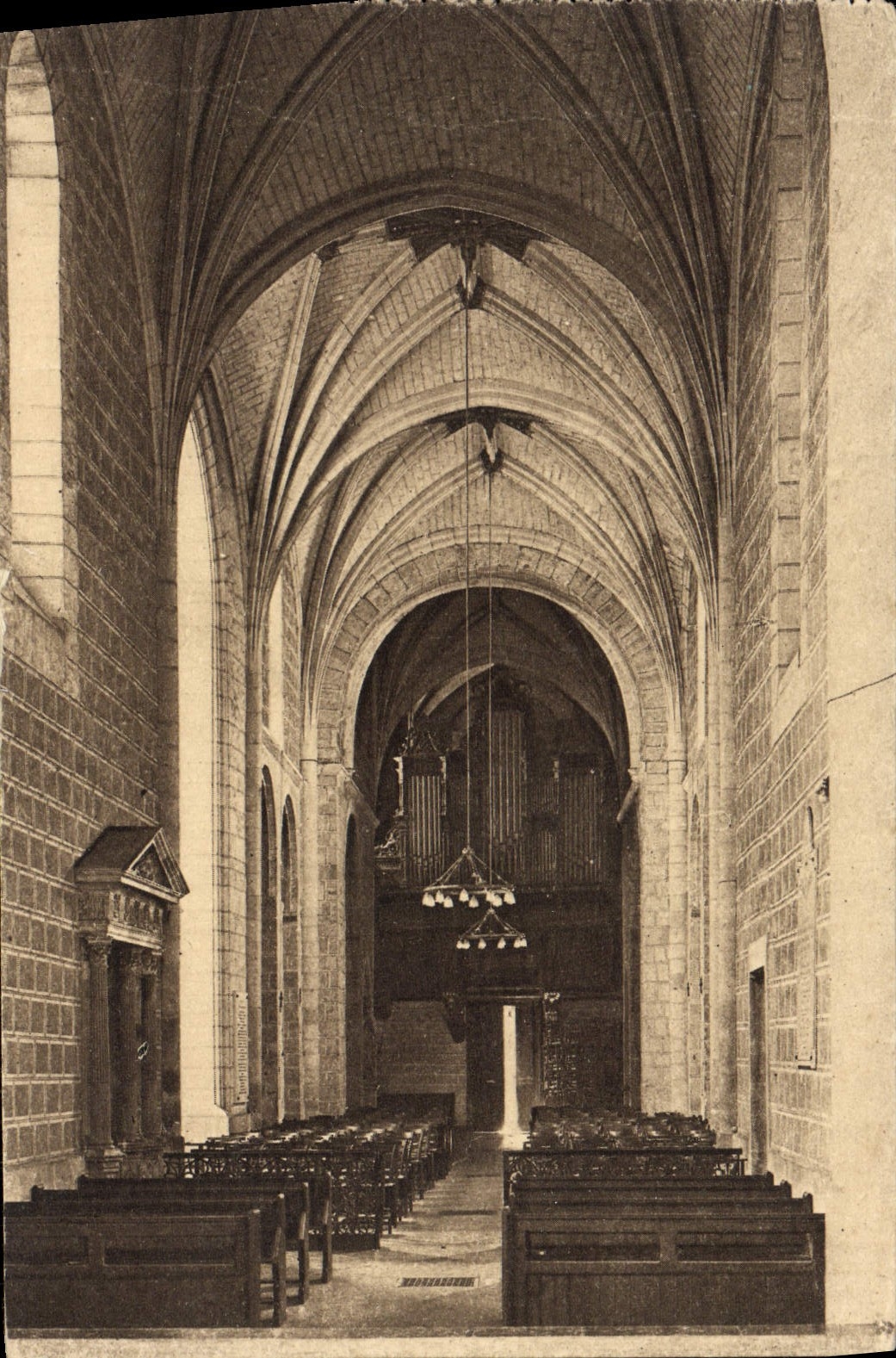 VINTAGE POSTCARD Nave of the abbey church St Pierre de Solesmes large organ
