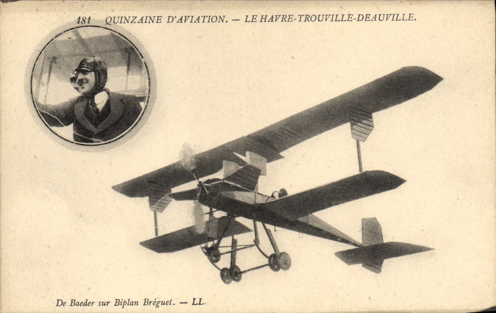 CPA Avion Aviation Quinzaine d'Aviation Le Havre Trouville Deauville De Baeder sur biplan Breguet