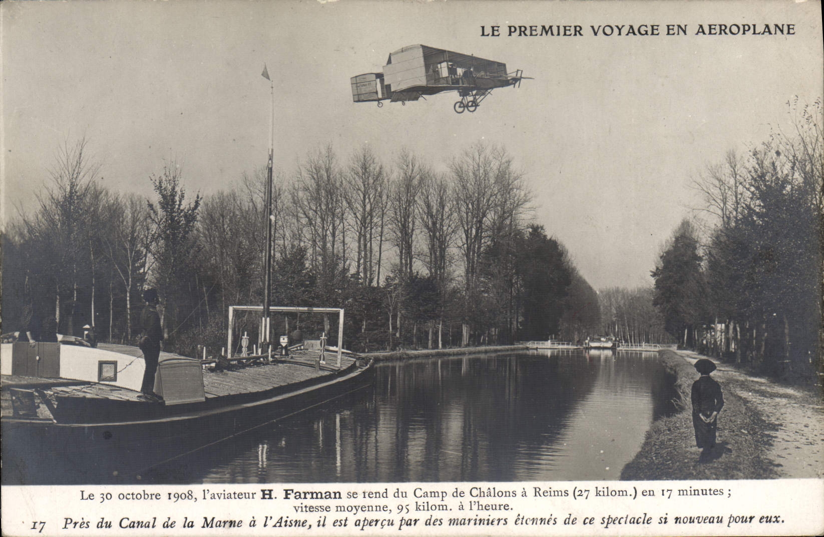 CPA Avion Aviation Premier voyage en aeroplane Farman se rend au camp de Chalons a Reims Pres du canal de la Marne Aisne