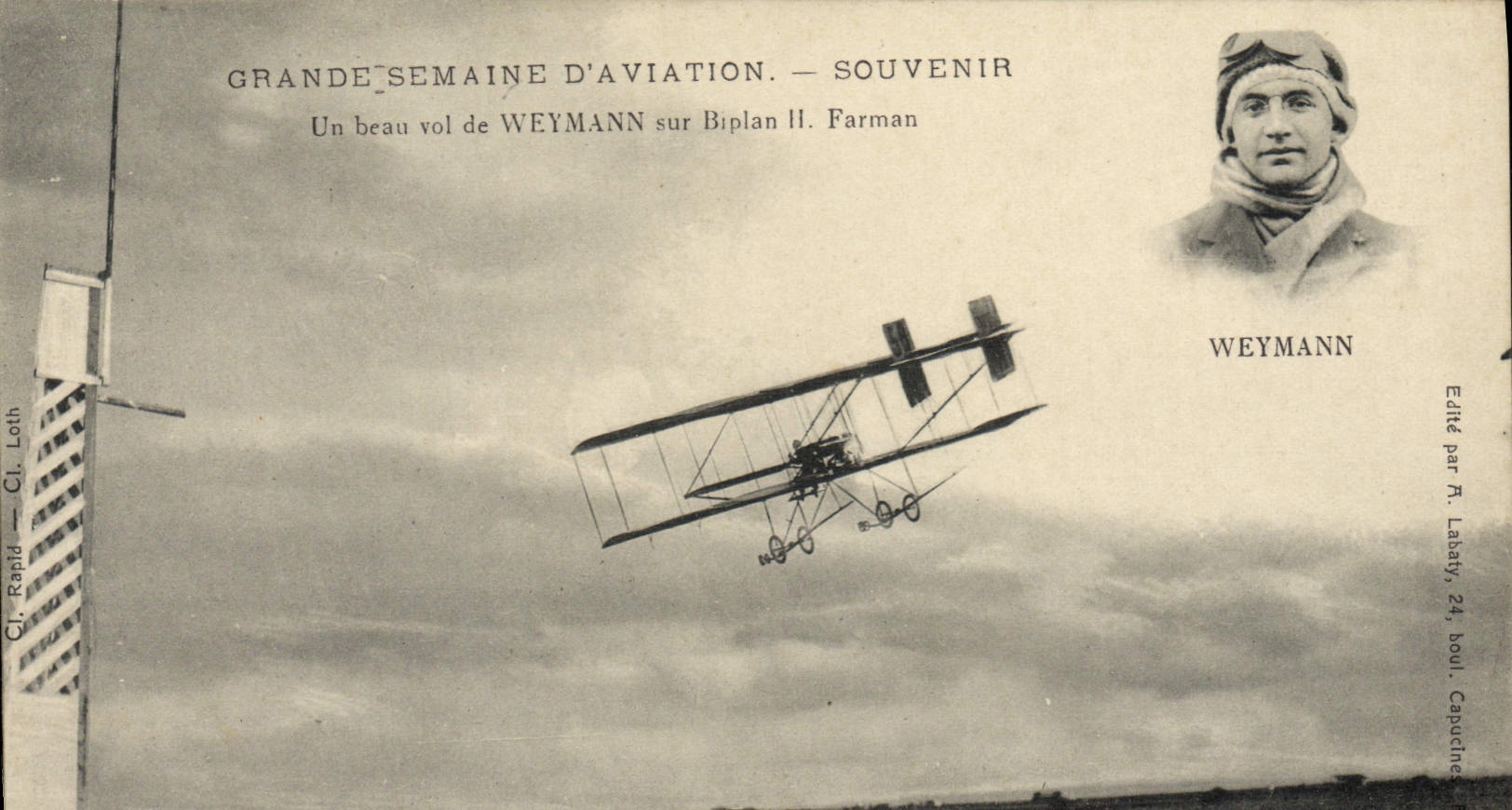 VINTAGE POSTCARD Plane Aviation Great week of aviation a beautiful flight of Weymann on Farman biplane