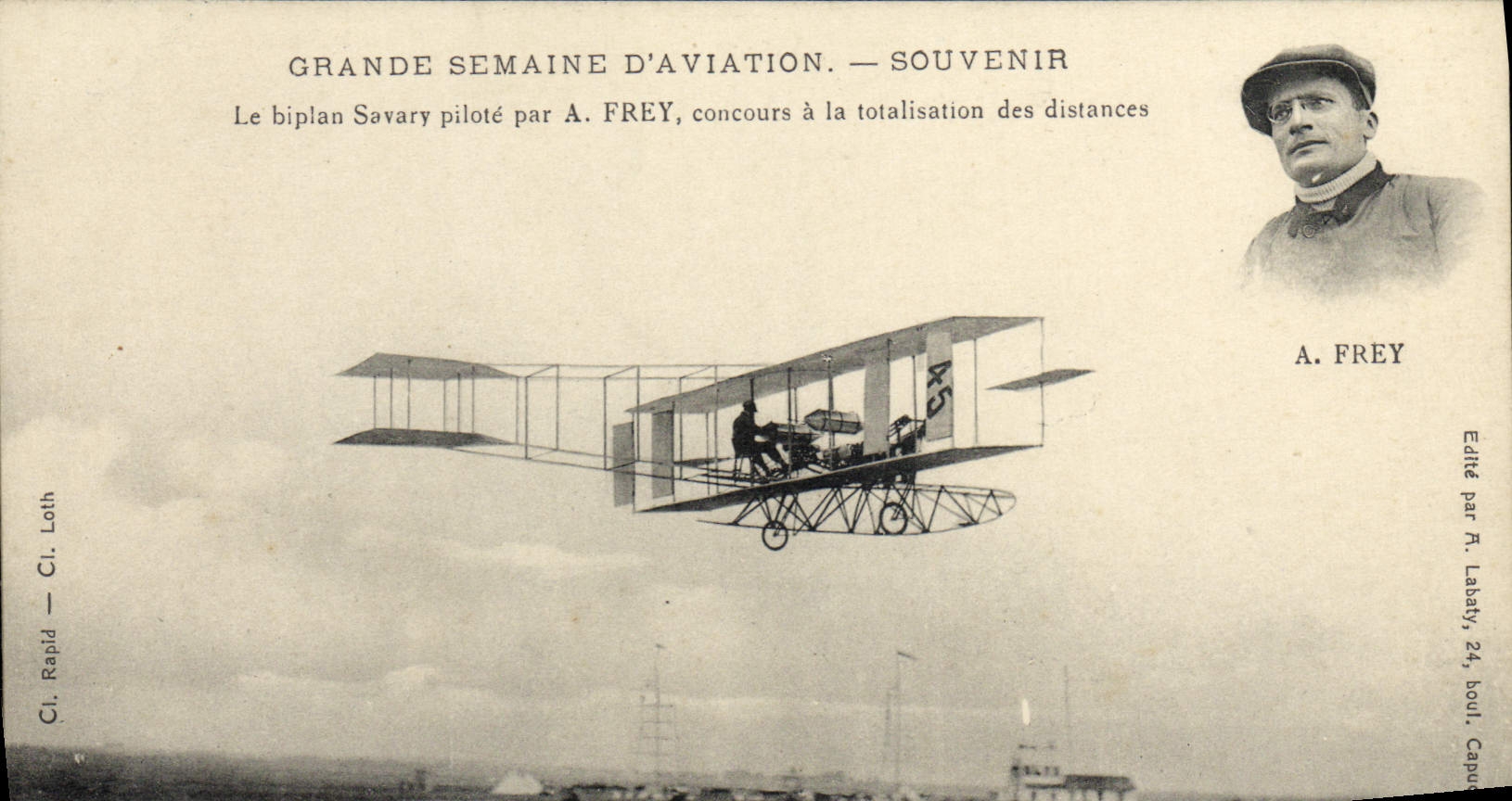 VINTAGE POSTCARD Avion Aviation Great week of aviation the pilot Savary biplane by has Frey contest with the totalization of the distances
